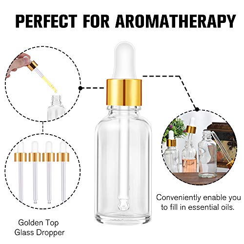 PrettyCare Glass Eye Dropper Bottles 2oz (60ml), 63 Pack Clear Empty Thick Bottles Bulk with Leakproof Golden Caps - With Labels & Funnels for for Storage, Travel,Essential Oils, DIY Serums, Tincture