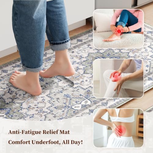 Tubeamin Blue Grey 2-Piece Boho Kitchen Mat Set 23.6x39 + 23.6x59 Inches Anti-Fatigue Waterproof Non-Slip Floor Rugs