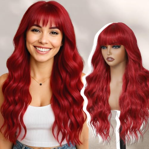 Red Wavy Curly Wig with Bangs - 26 Inch Long Synthetic Hair for Women - Variation of THIS listing