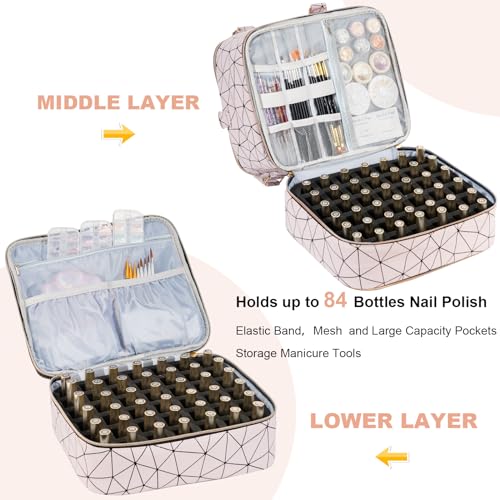 Uross Nail Polish Organizer Bag Holds 84 Bottles Nail Polish & Nail Lamp,Large Gel Nail Polish Organizers and Storage box for Nail Tech, Nail Kit Supplies Organizer Case-Lightpink