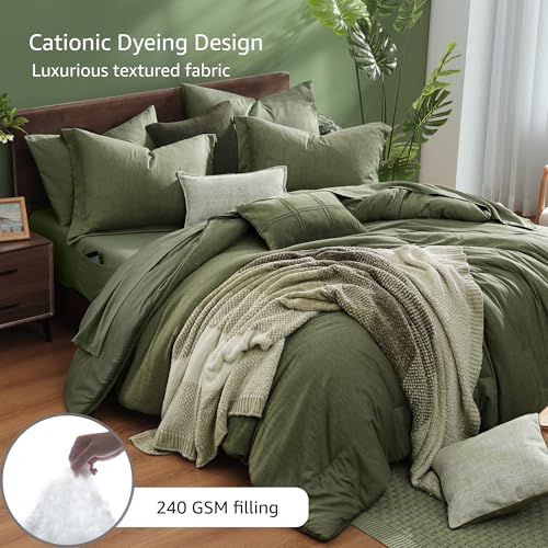 Olive Green Queen Comforter Set 7 Pieces - Bed in a Bag, Soft & Lightweight