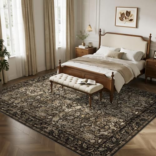Vintage Floral Area Rug 8x10 ft - Brown & Gold Washable Living Room Carpet