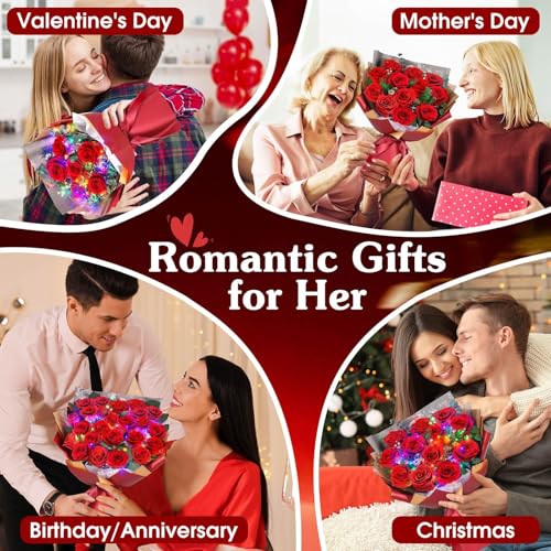 Preserved Red Roses Bouquet with LED Lights - 12 Roses Gift for Her, Anniversary & Birthday