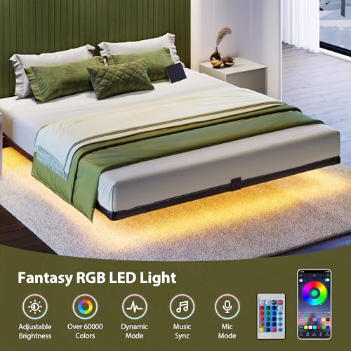 Black King Size Floating Bed Frame with LED Lights & Charging Station - Modern Levitating Platform Bed