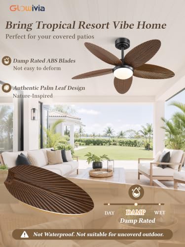 Brown 42 Inch Outdoor Tropical Leaf Ceiling Fan with RGB Light & Remote