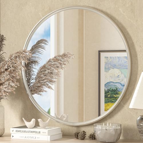 30 Inch Round Wall Mirror - Brushed Nickel Frame, Tempered Glass, Modern Design Variation of THIS listing