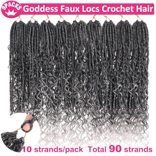 24 Inch Goddess Locs Crochet Hair - Boho Faux Locs with Curl End, Ombre Grey, Pre-Looped, 9 PCS
