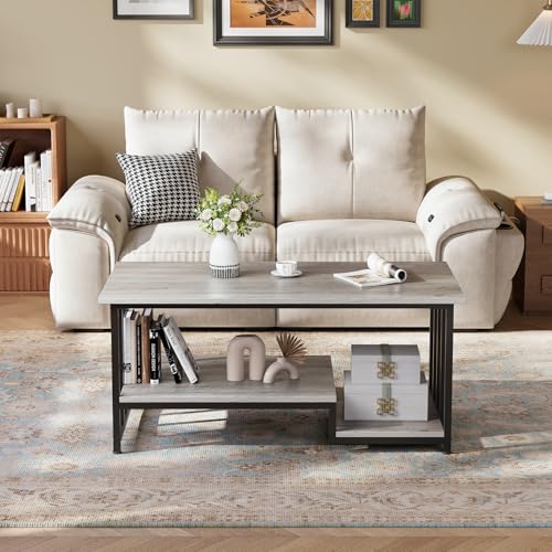 Modern 2-Tier Wooden Coffee Table with Storage - Rustic Gray, 39.4"