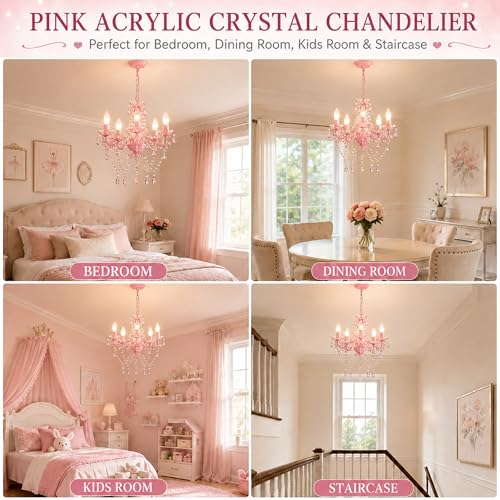 Pink Crystal Chandelier for Girls Bedroom - 5-Light Ceiling Fixture, Adjustable Height