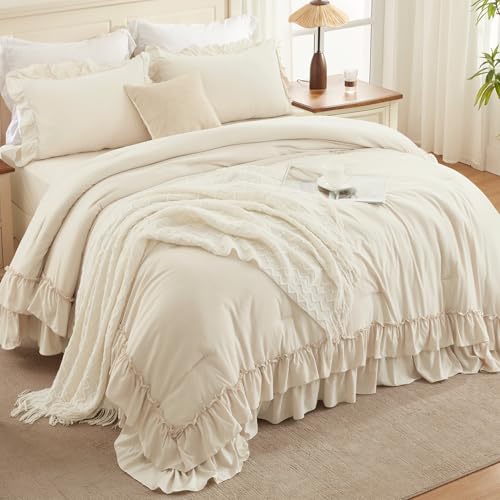 Beige Super King Plus Ruffle Comforter Set - 3 Pieces, 128"x120" | Elegant Bedding