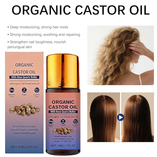 Organic Castor Oil Roll-On with Rose Quartz Roller for Hair & Skin - 1pcs