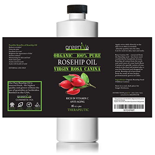 GreenIVe Organic Rosehip Oil - 16 Fl Oz Cold Pressed Virgin Skin & Hair Oil - Pack of 1