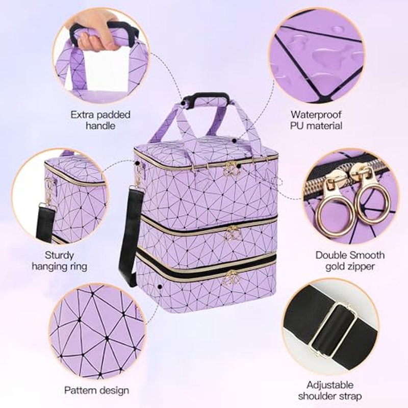 3-Layer Nail Polish Organizer Bag, Holds 84 Bottles and Lamp, Waterproof PU Leather Case with Reinforced Golden Zippers, Portable Nail Tech Travel Bag for Manicure Supplies