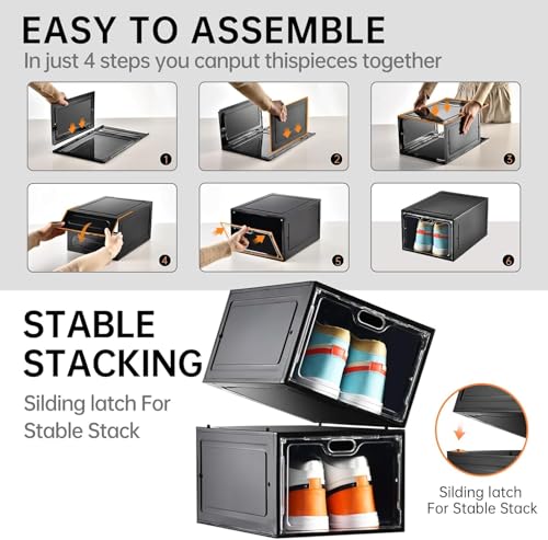 INSTY 12 Pack Black Stackable Clear Shoe Storage Boxes with Magnetic Doors - Fits US Size 12