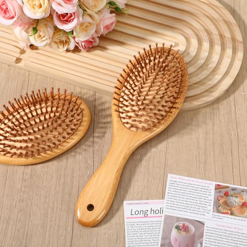 Bamboo Hair Brush Set - 12 Pcs Wooden Paddle Brushes with Oval Handle