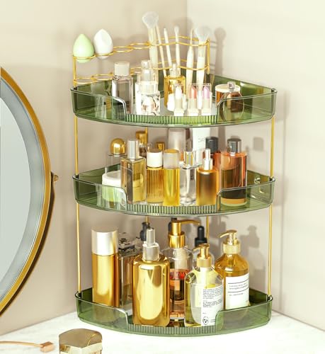 Green 3-Tier Makeup Organizer for Vanity & Bathroom Countertop Acrylic Storage Shelf with Perfume Tray & Brush Holder