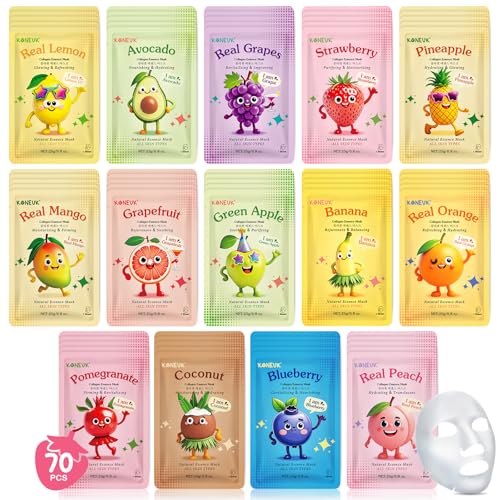 70 Pack Collagen Hydrating Face Masks with Fruit Variations - Skincare Set for Women & Teens