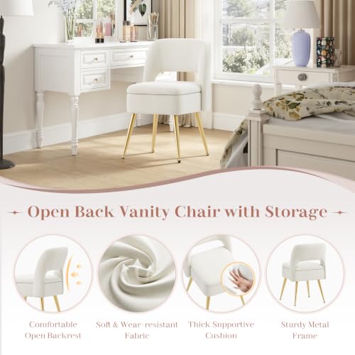MALOL Beige Vanity Chair with Storage & Open Back, Adjustable Gold Metal Legs