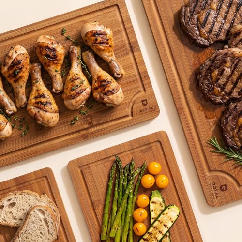 Brown 4-Piece Bamboo Cutting Board Set with Juice Grooves & Handles - Kitchen Prep & Serving