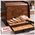 Brown Rustic Bread Box - Fully Assembled Large Wooden Kitchen Storage, Double Layer Design