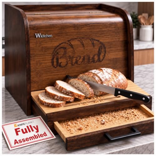 Brown Rustic Bread Box - Fully Assembled Large Wooden Kitchen Storage, Double Layer Design