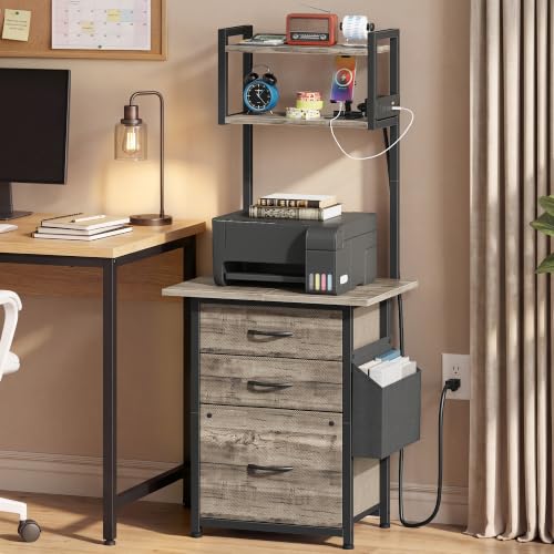 Grey 49-Inch Tall File Cabinet with Charging Station, 3 Drawers & Storage