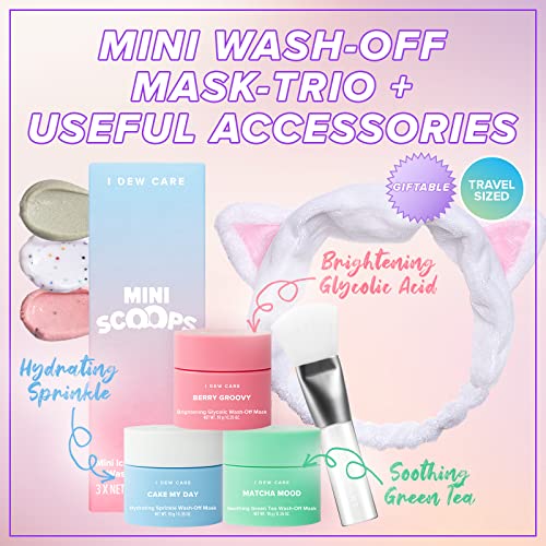 I DEW CARE Mini Scoops Wash Off Face Mask Skin Care Trio + White Cat Spa and Makeup Headband + Soft Silicone Face Mask Brush Bundle