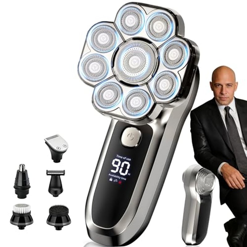 9D Head Shaver for Bald Men, 6-in-1 Electric Grooming Kit, Cordless Rechargeable Wet & Dry Waterproof Skull Razor with Nose Trimmer, Hair Clipper & Body Grooming Attachments