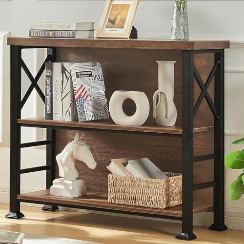 Hombazzar 3-Tier Short Bookcase, 35.4” Wide Rustic Brown Storage Shelf