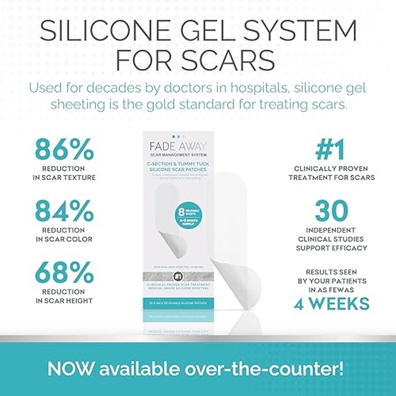 Fade Away Scars Silicone Scar Sheets for C-Section & Tummy Tuck ? Reusable Medical Grade Silicone Scar Tape for Surgical Scars ? Soft Scar Strips with Storage Pouch ? Fade Away Silicone Scar Sheets