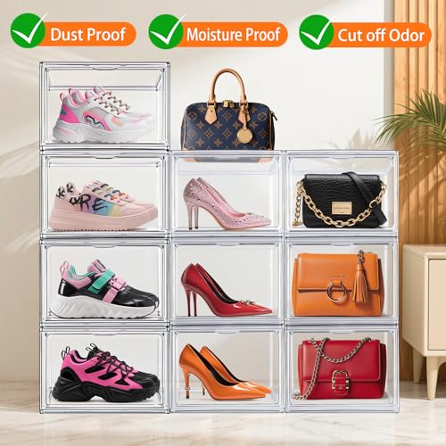 Medium Size Acrylic Shoe Storage Box for Sneakers & Loafers - Clear, 12 Pack (Size 12.5)