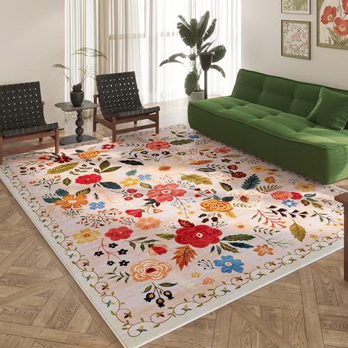 Washable Beige Area Rug 8x10 - Non Slip Vintage Boho Style