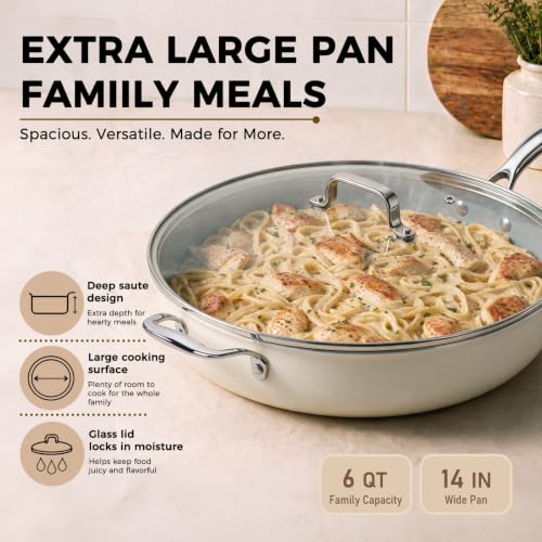 14-Inch Ceramic Nonstick Deep Frying Pan with Lid - 6 Qt Family Size - Cream & Grey