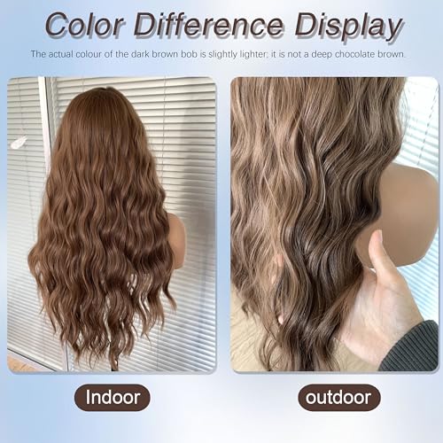 Highlight Brown Synthetic Wavy Wig with Curtain Bangs for Women - Natural Body Wave, 4x2