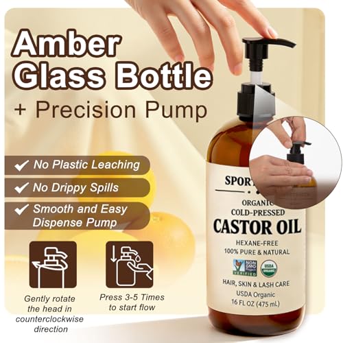 SPORTYOUTH USDA Organic Castor Oil 16oz Dark Glass Bottle with Pump - Cold Pressed & Pure