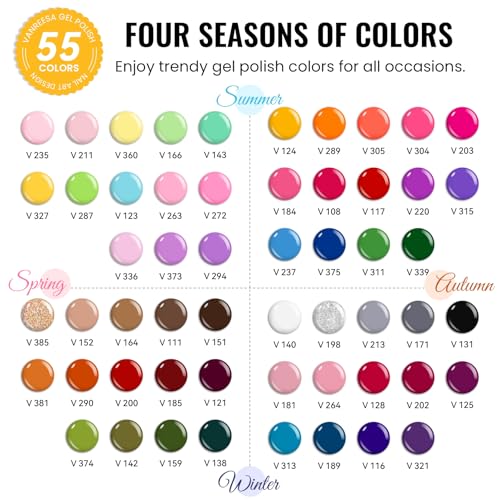 Gel Nail Polish Set with 55 Colors & Top Coats - Four Seasons Collection - DIY Manicure Kit for Women & Girls