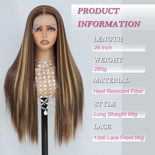 Barbique 26 Inch Synthetic Lace Front Wig Long Straight Honey Blonde Highlights - Model 1BT4P27