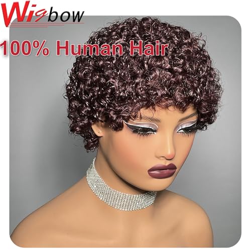 Burgundy Afro Kinky Curly Wigs for Black Women Short Pixie Cut Human Hair - Glueless 99J Style