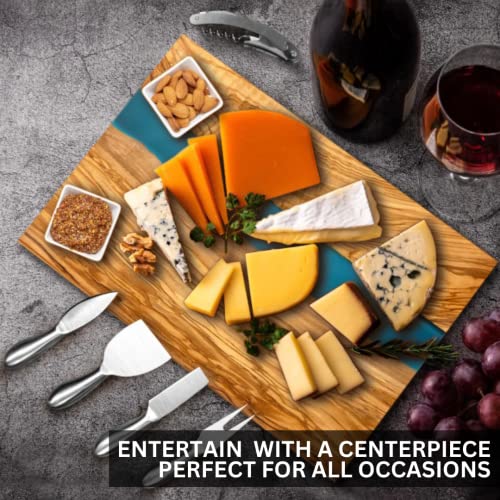 Italian Olive Wood Cheese & Charcuterie Board Set with Blue Resin Artwork - Includes 4 Knives, Dipping Bowls & Corkscrew (Blue)