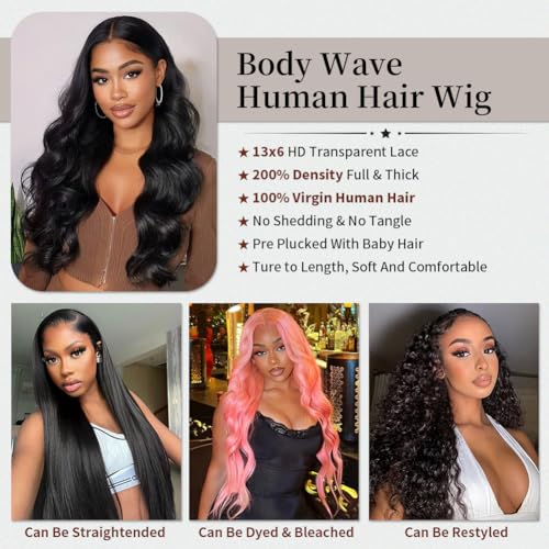 Black 20 Inch Body Wave Lace Front Wig 13x6 Human Hair 200% Density Glueless
