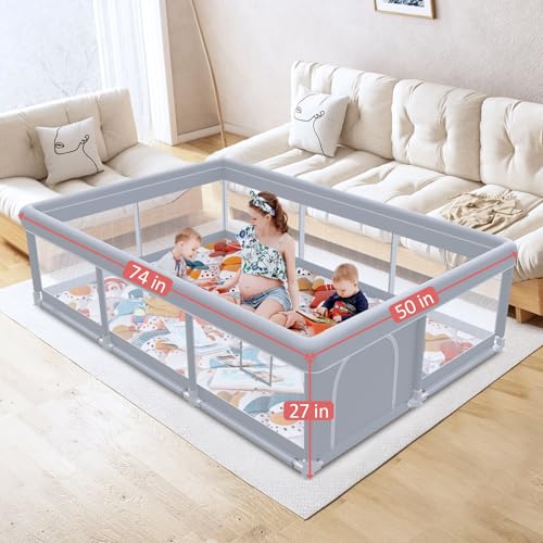 Large Baby Playpen 74x50 Inches with Mat - Safe Toddler Play Yard for Babies & Toddlers