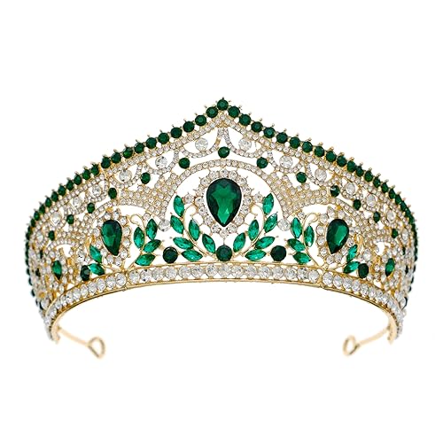 Crystal Wedding Tiara for Women Royal Queen Crown Headband - Gold & Green Style D