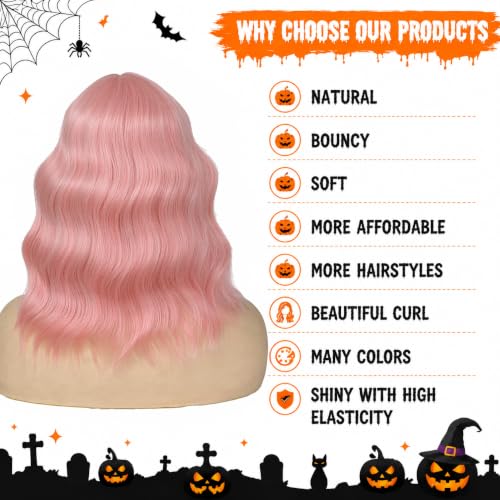 Pink Wavy Bob Wig for Women Short Pastel Curly with Bangs - Cosplay & Party Wig - Variation Pink