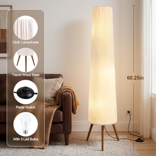 GyroVu 60-Inch Oatmeal Wood Floor Lamp with Color Temperature Dimming - Beige Shade