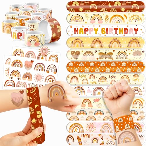 48PCS Boho Rainbow Party Set - 24PCS Temporary Tattoos & 24PCS Slap Bracelets - Fun Birthday Supplies, Baby Shower Gifts, Classroom Rewards & Boho-Themed Decor for Kids (Boys & Girls)