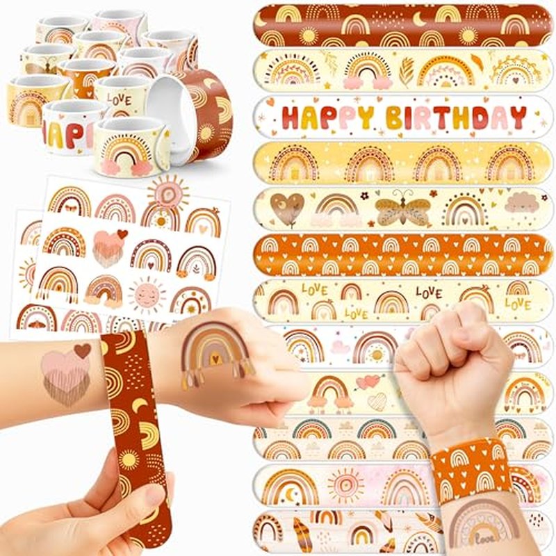 48PCS Boho Rainbow Party Set - 24PCS Temporary Tattoos & 24PCS Slap Bracelets - Fun Birthday Supplies, Baby Shower Gifts, Classroom Rewards & Boho-Themed Decor for Kids (Boys & Girls)