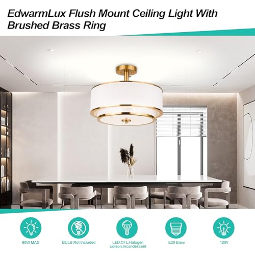 Edwarmlux Brushed Gold 3-Light Semi Flush Mount Ceiling Light with White Fabric Shade