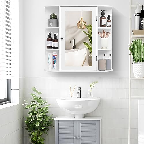 Bathroom Medicine Cabinet with Mirror, Wall Mount Storage - White, 26L x 6.3W x 25.2H - Includes 2 Adjustable Shelves & 6 Open Shelves