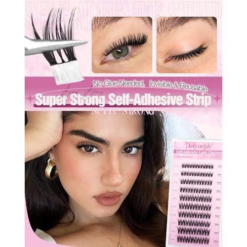 Self Adhesive Eyelashes Wispy Self Adhesive Lash Clusters Natural Clear Band Eyelash Clusters 8-14mm Short Cluster Eyelash Extensions Pre-Glued Cluster Lashes by Delyneph