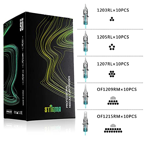 STIGMA Aquamarine Knight Tattoo Cartridge Needles Standard RL+RM 50pcs Assorted Sizes